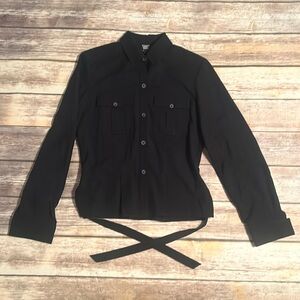 W BY WORTH Button Down Jacket Wool/ Spandex Black Tie Waist Shirt Blouse Size P